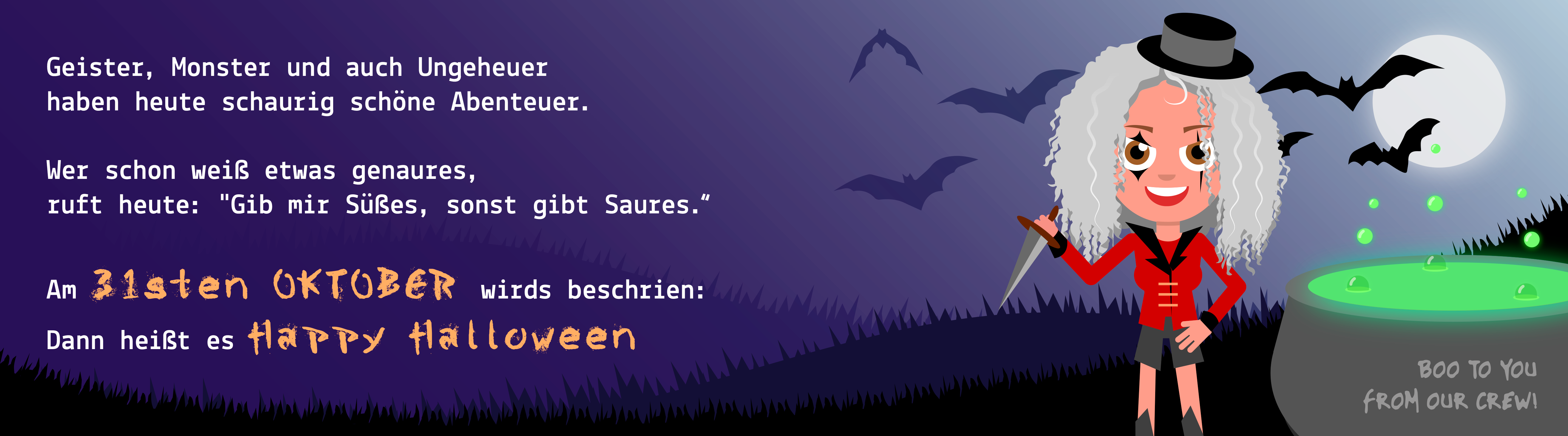 Ein gruseliger Zirkusdirektor vor einem Hexenkessel.